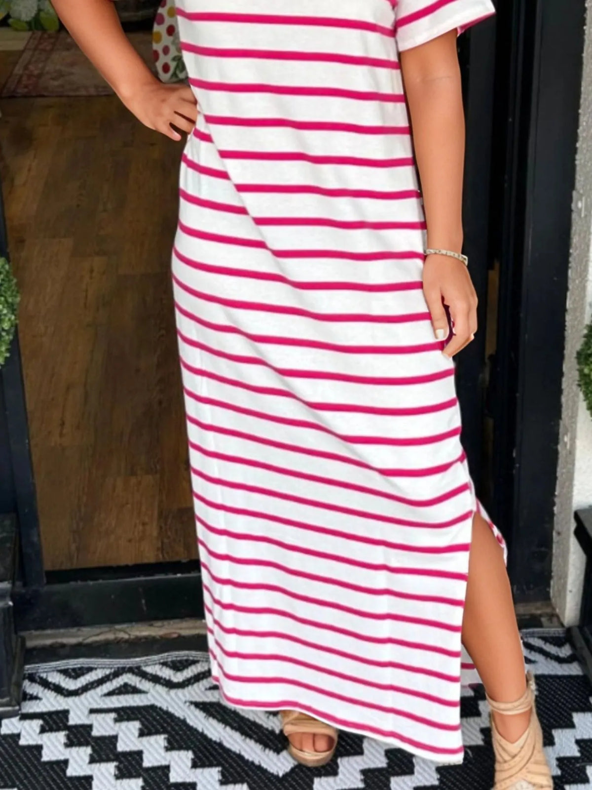 Full Size Striped T-Shirt Maxi Dress with Side Slit Plus Size - Ladyez