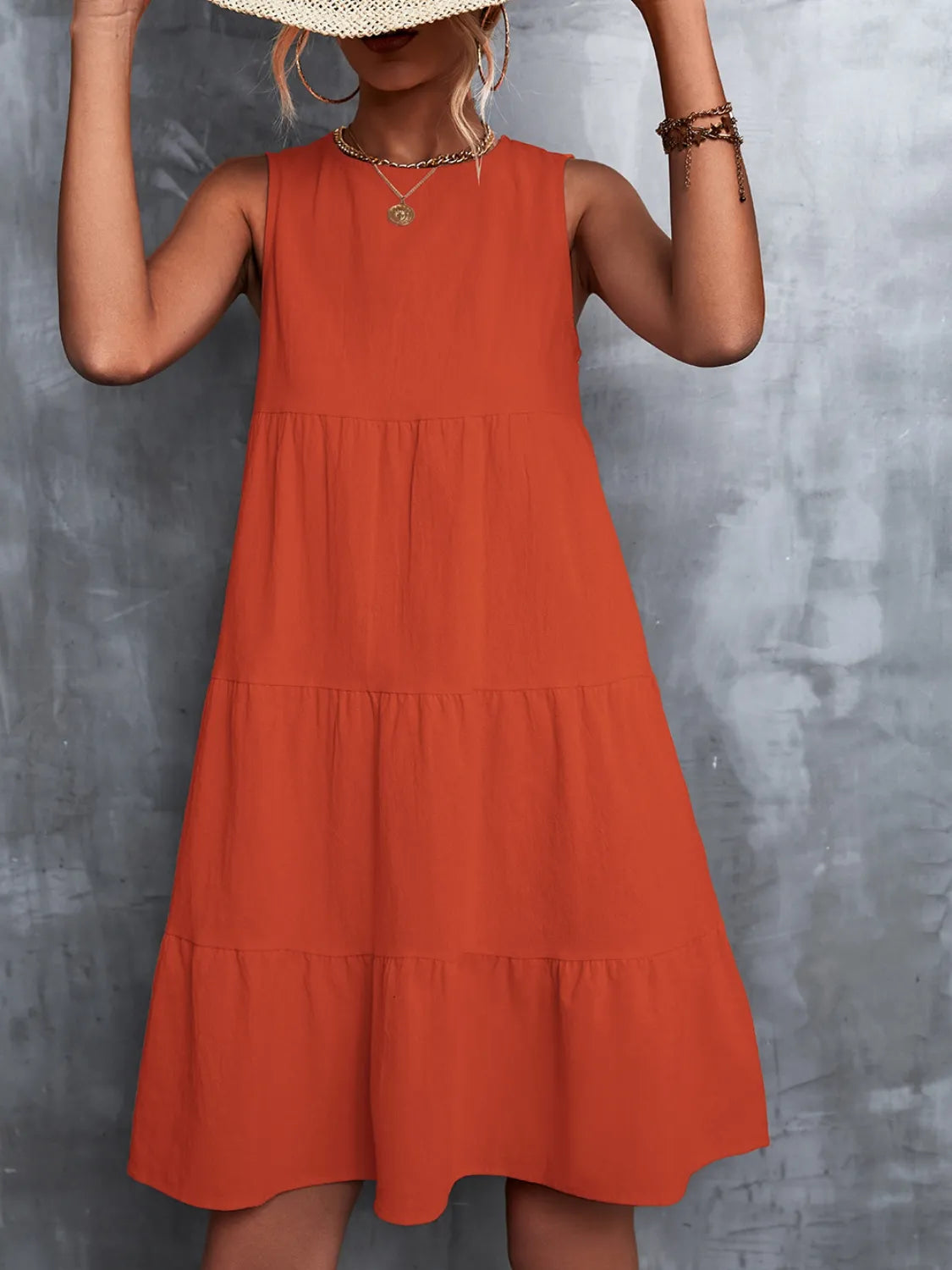 Tiered Round Neck Sleeveless Mini Tank Dress - Ladyez