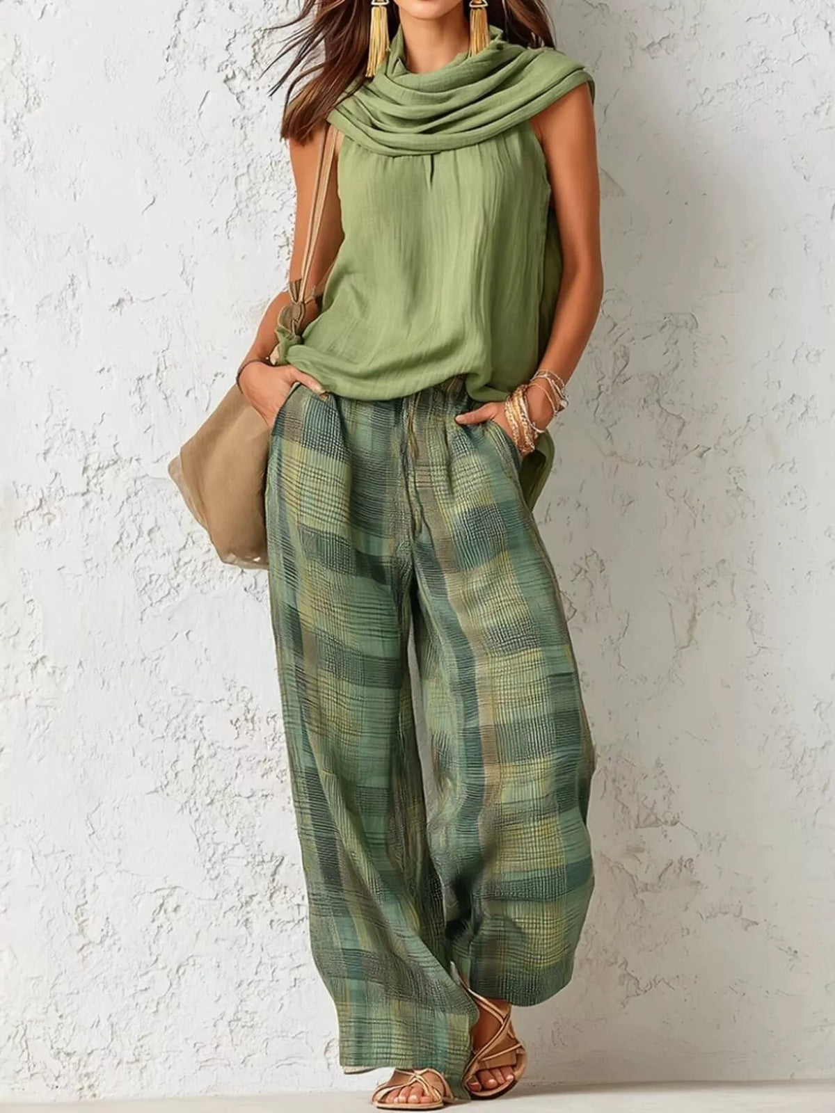 Full Size Sleeveless Cowl Neck Top and Plaid Wide-Leg Pant Two-Piece Set Plus Size