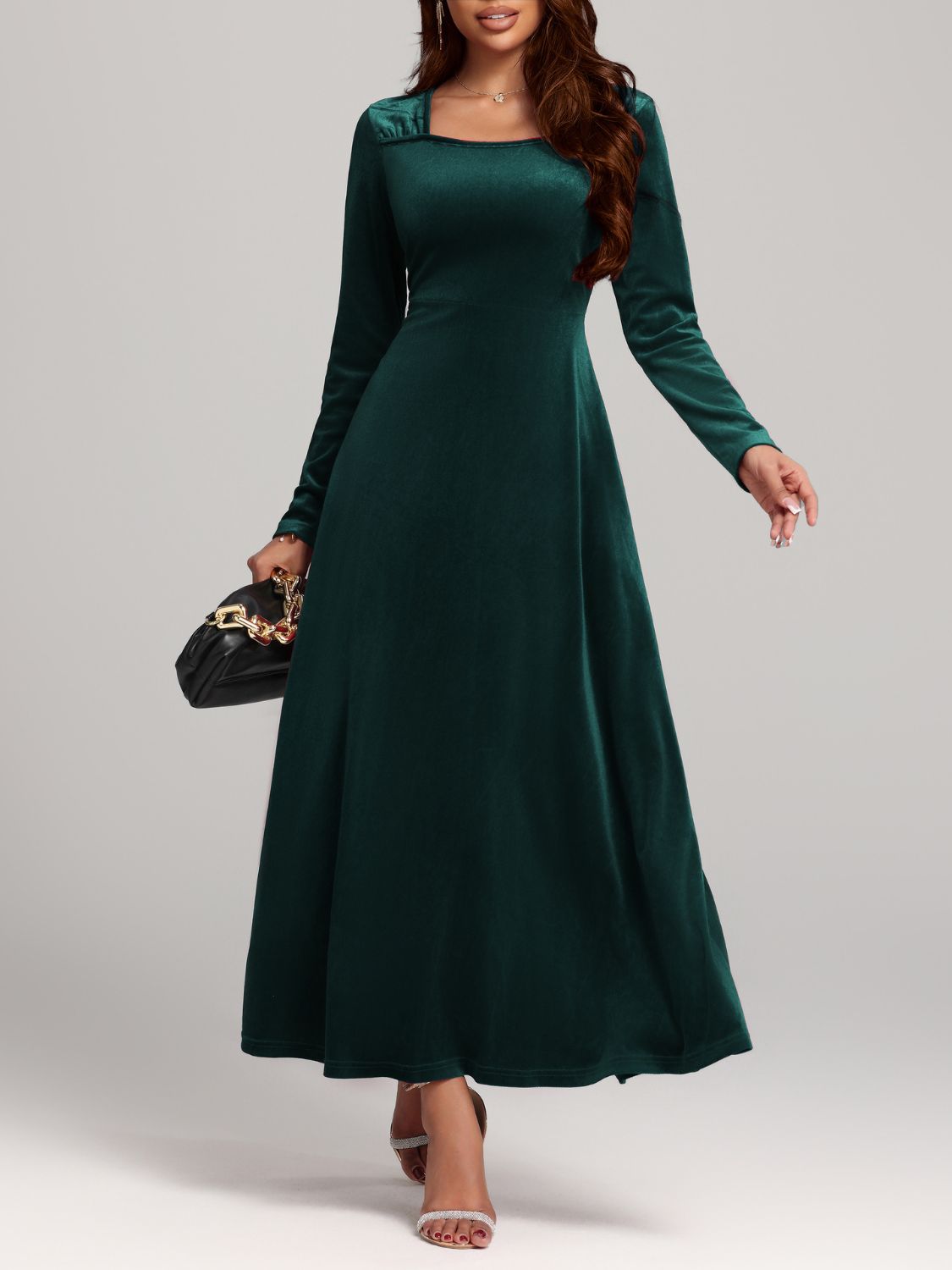 Square Neck Long Sleeve Velvet Dress - Ladyez