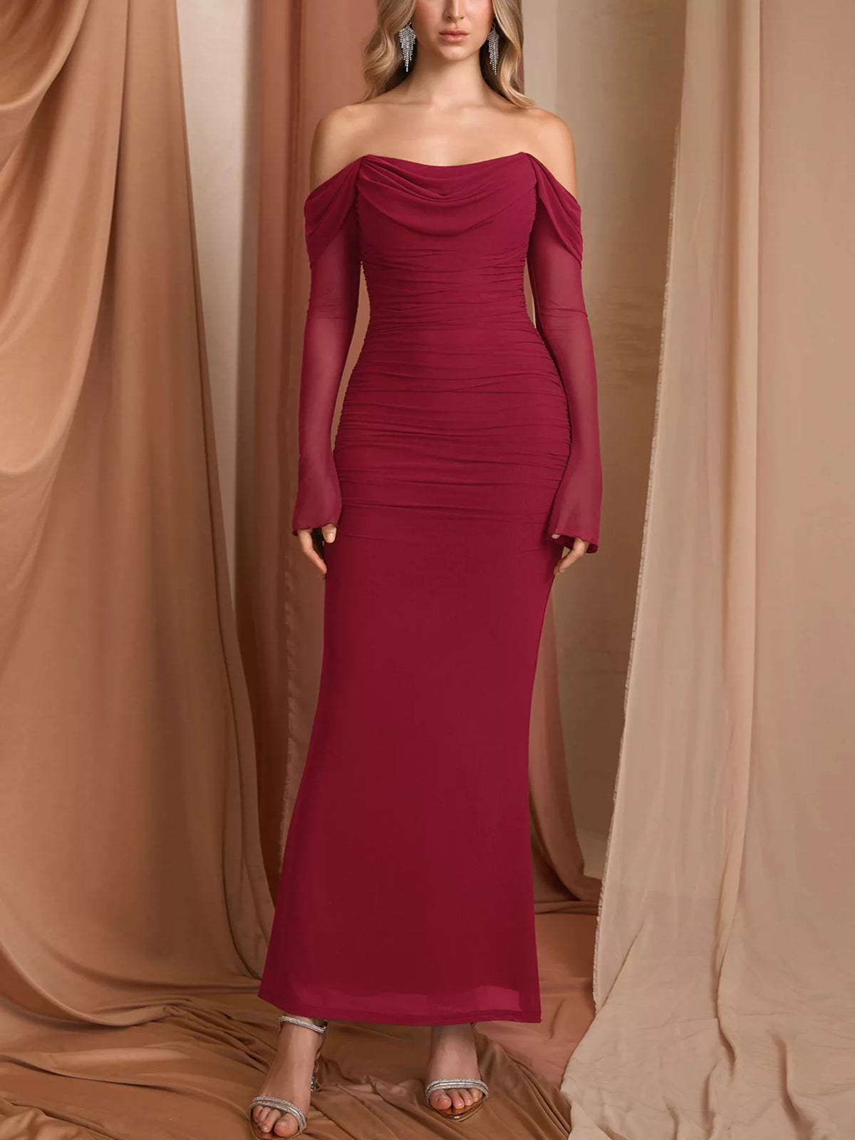 Off-Shoulder Ruched Mermaid Maxi Dress