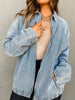 Elastic Edge Collared Zip Up Denim Jacket With Pocket