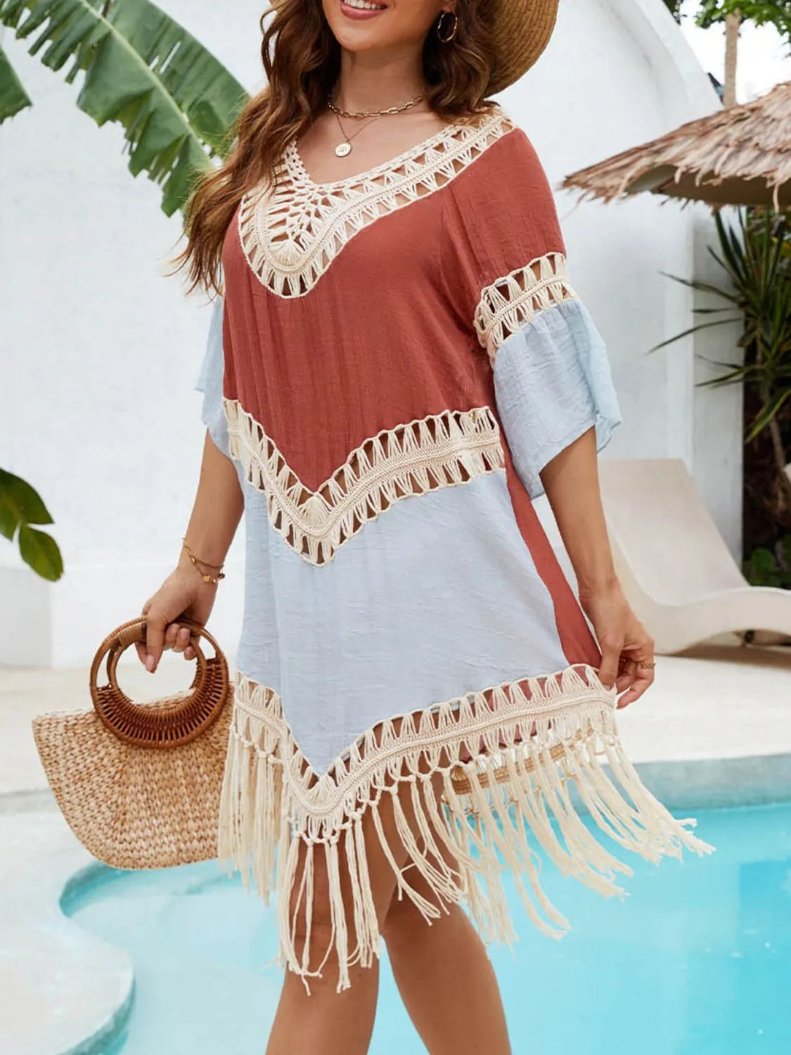 Backless Tassel Hem V-Neck Cover-Up - Ladyez