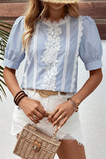 Lace Detail Striped Round Neck Half Sleeve Blouse - Ladyez