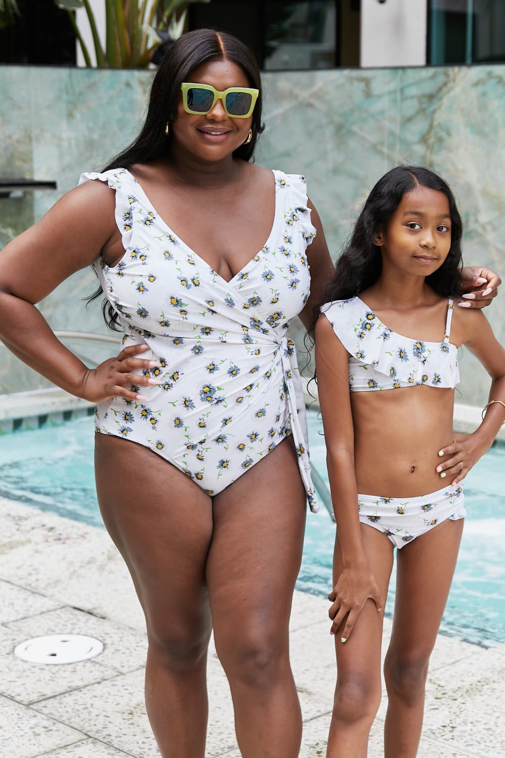 Marina West Swim Float On Ruffle Faux Wrap One-Piece in Daisy Cream - Ladyez
