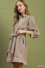 Umgee Striped Contrast Belted Puff Sleeve Mini Dress