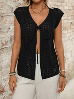 Tied Front Openwork V-Neck Knit Top