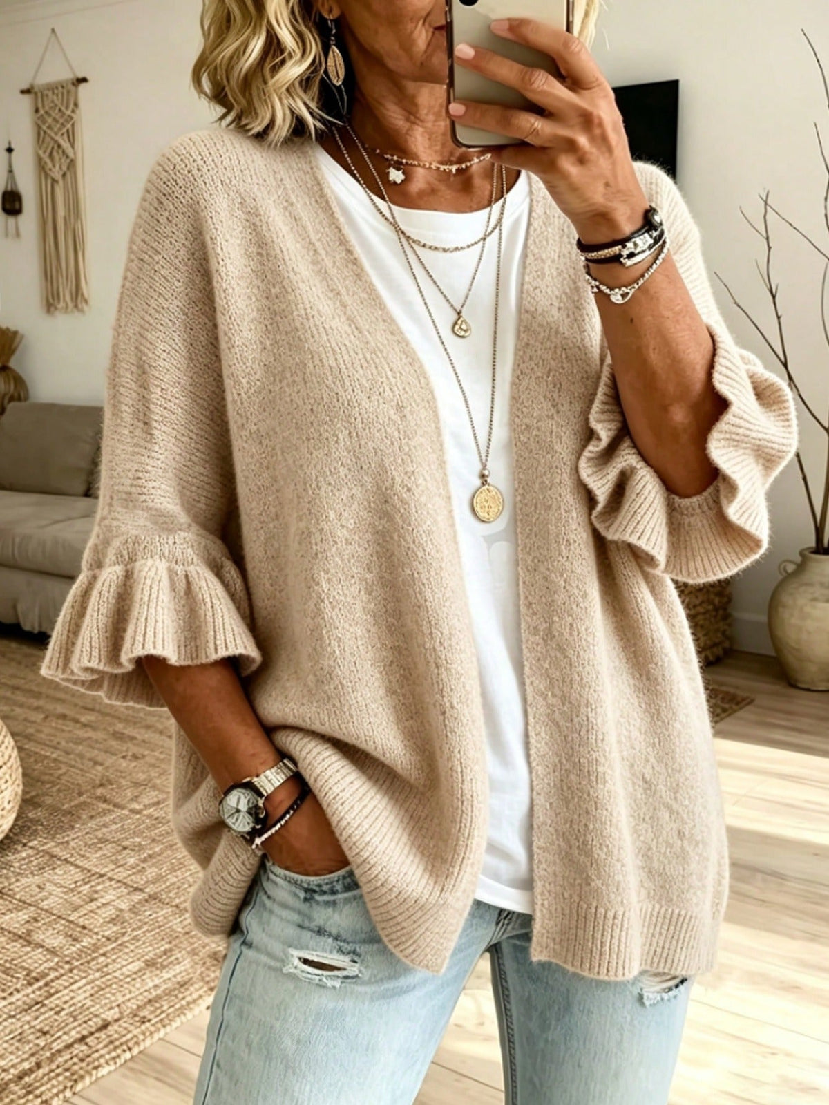 Full Size Ruffle Sleeve Open-Front Cardigan Plus Size