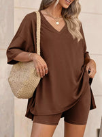 Full Size Casual Loose V-Neck T-Shirt & Shorts Set Plus Size