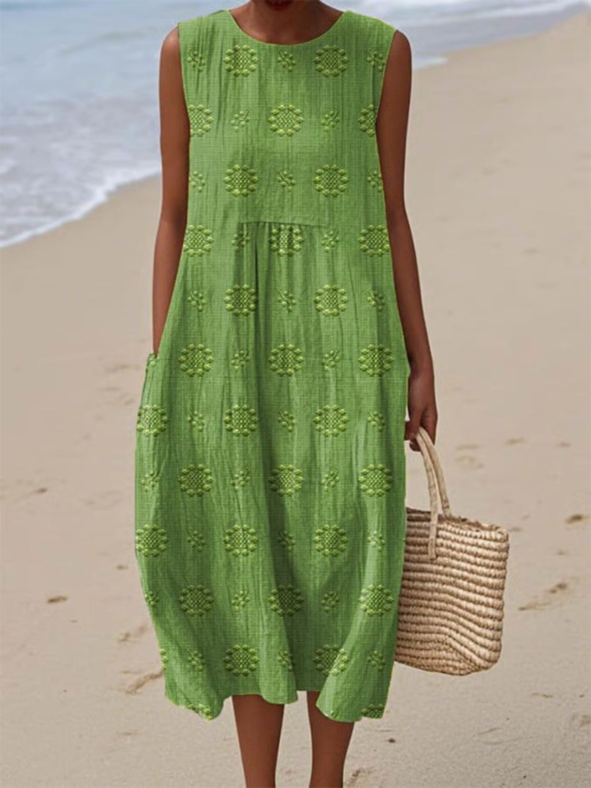 Full Size Round Neck Sleeveless Casual Midi Dress Plus Size