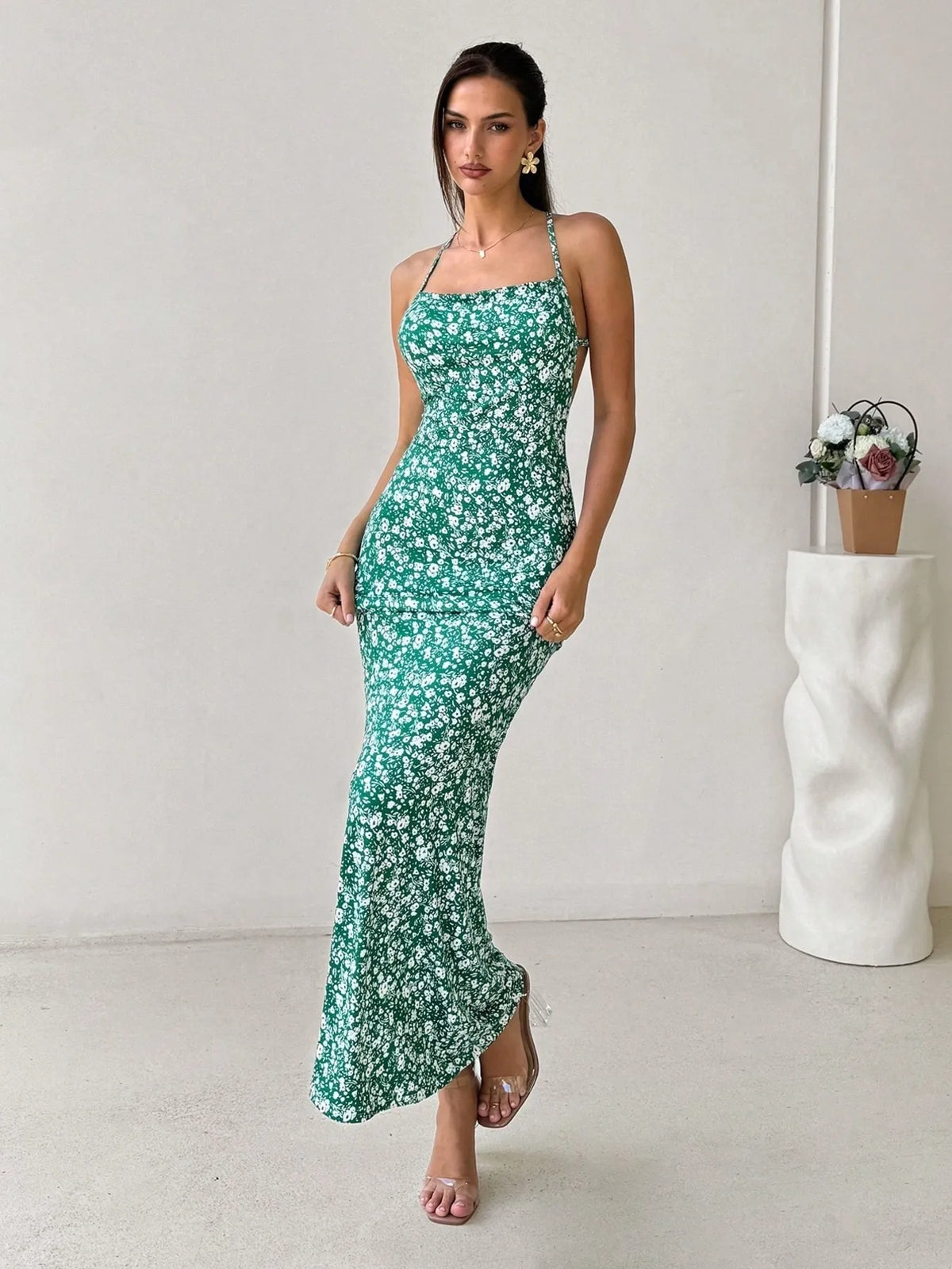 Crisscross Back Floral Print Bodycon Maxi Dress - Ladyez