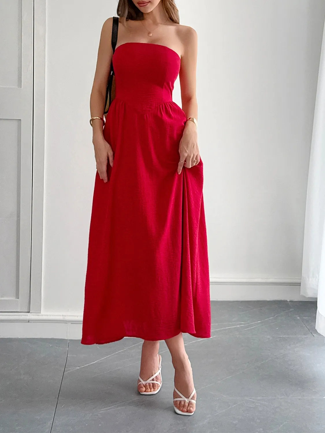 Strapless A-Line Midi Dress with Pockets - Ladyez