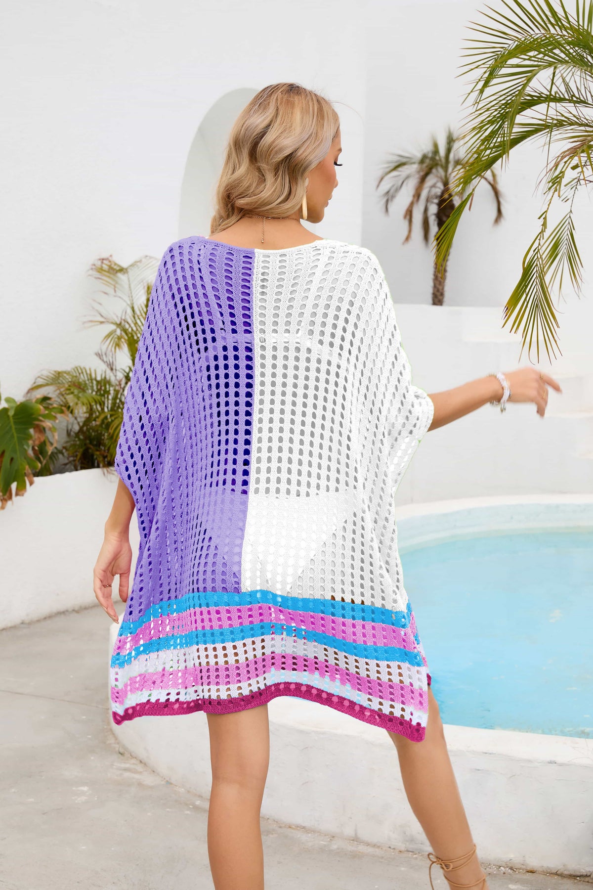 Contrast Scoop Neck Openwork Half Sleeve Cover Up - Ladyez