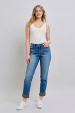 Judy Blue Full Size Mr Plaid Print Cuff Bf Jeans Plus Size - Ladyez