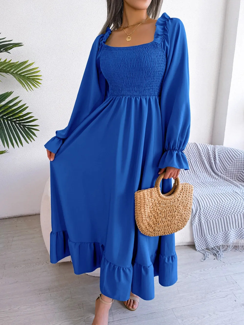 Smocked Square Neck Flounce Sleeve Dress - Ladyez