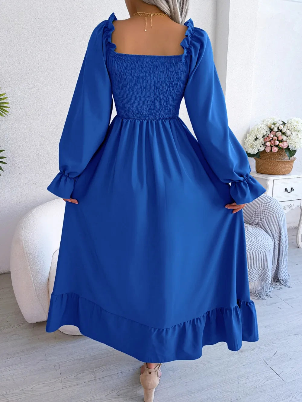 Smocked Square Neck Flounce Sleeve Dress - Ladyez
