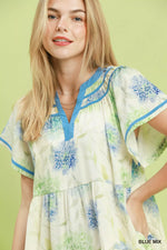 Umgee Floral Print Contrast Trim Tiered Babydoll Dress