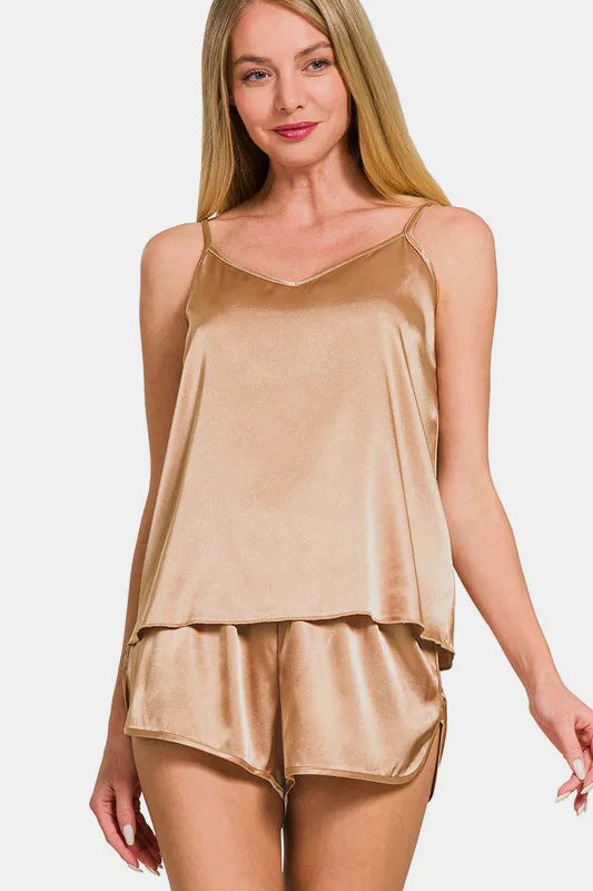 Zenana V-Neck Satin Cami and Elastic Waist Shorts Lounge Set - Ladyez