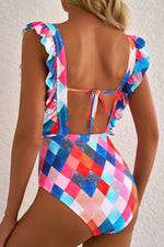 Multicolor Plaid Print Square Neck Frill Sleeveless Backless One-Piece Swimwear - Ladyez
