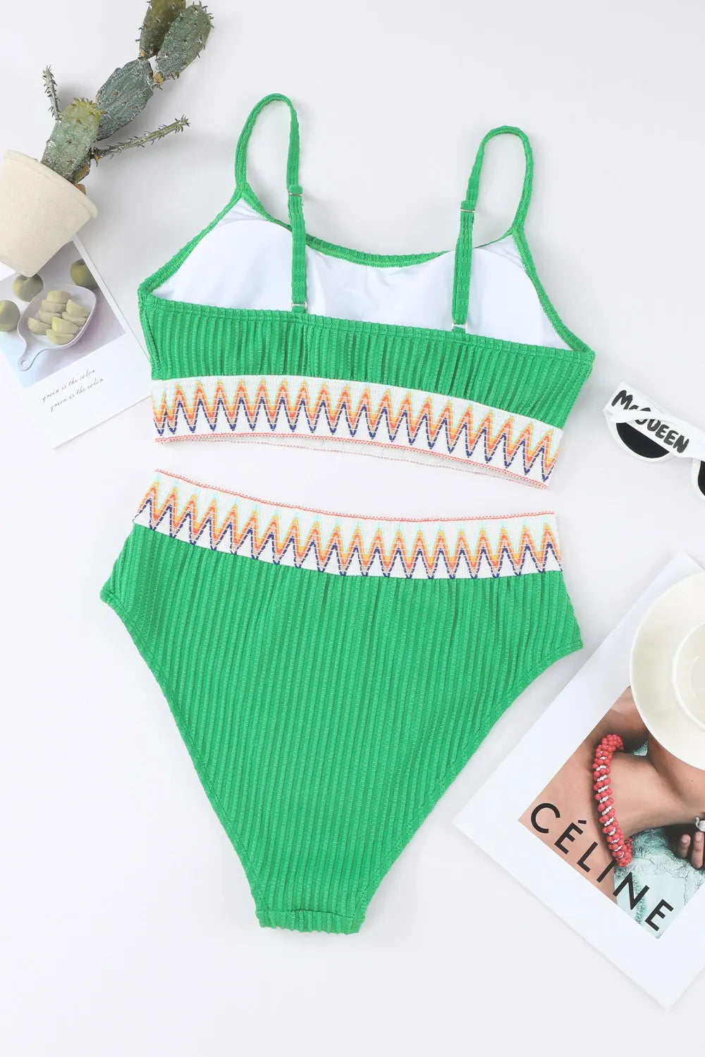 Textured Contrast Banding Bikini High Waist 2pcs Swimsuit - Ladyez