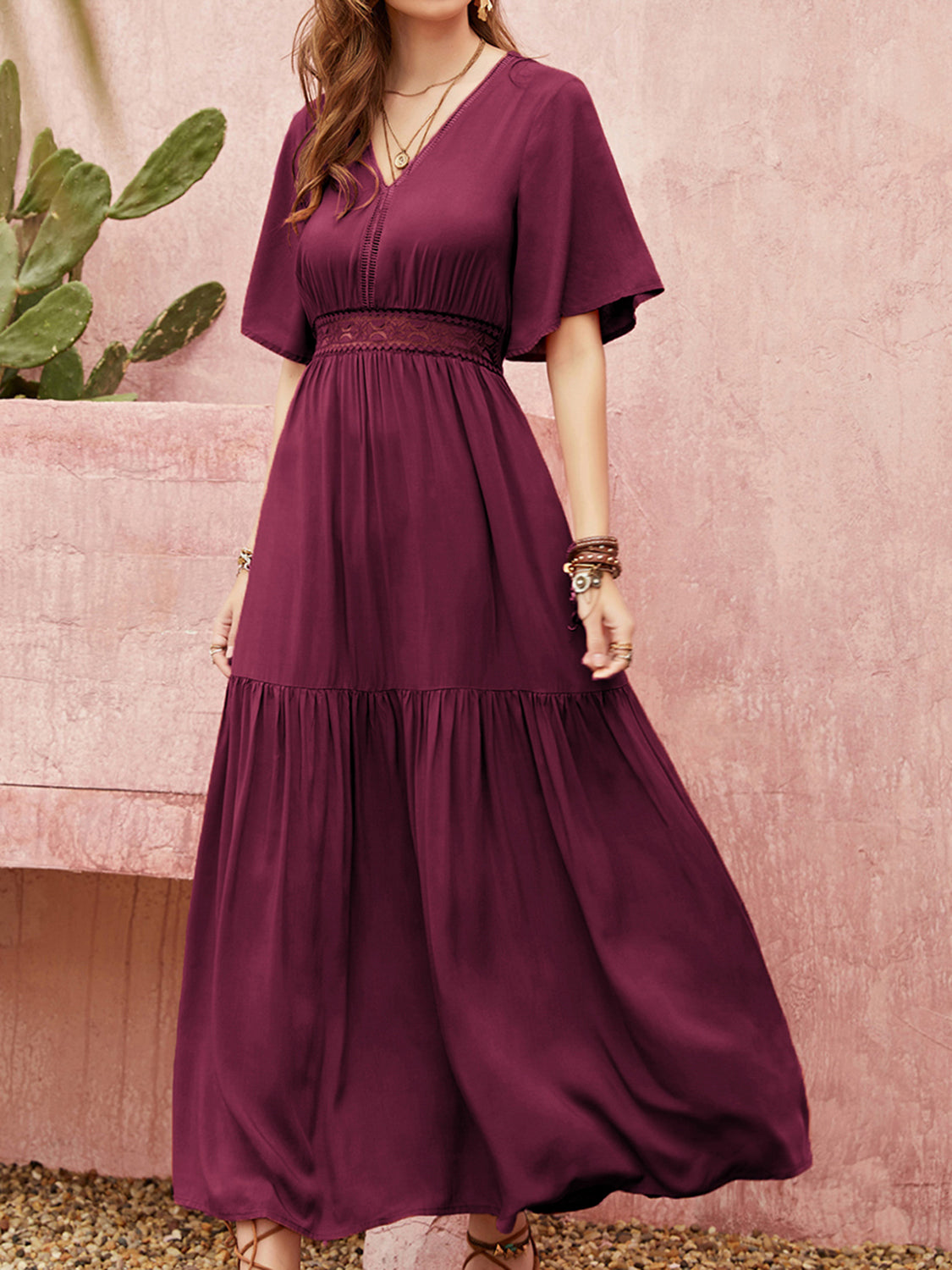 Openwork V-Neck Flare Sleeve Ruched Dress - Ladyez