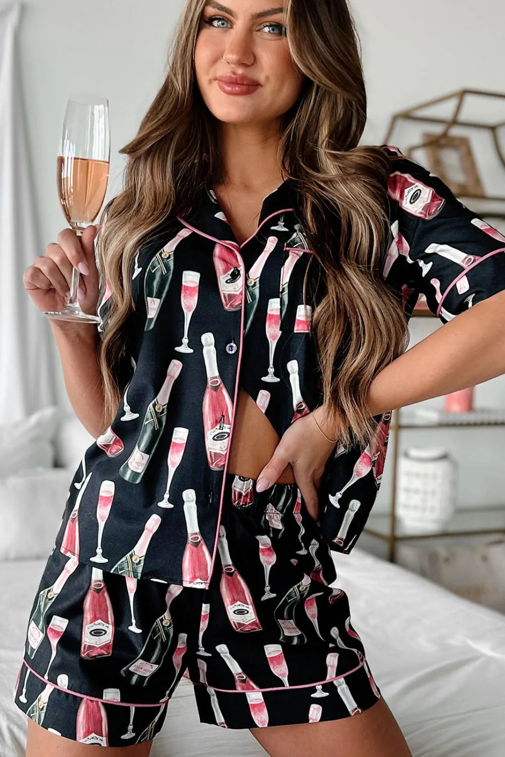 Champagne Print Short Sleeve Top and Shorts Set - Ladyez