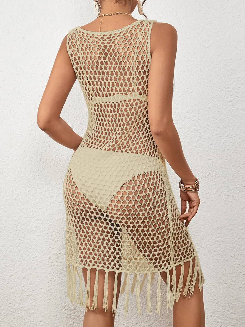 Tassel Hem Hollow Out Sleeveless Cover Up - Ladyez