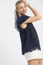 Umgee Floral Lace Overlay Flutter Sleeve Top