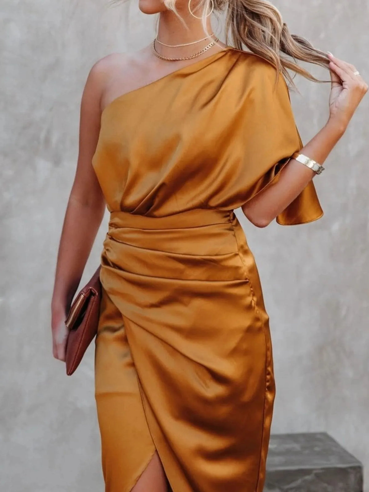One-Shoulder Satin Wrap Dress with Side Slit - Ladyez