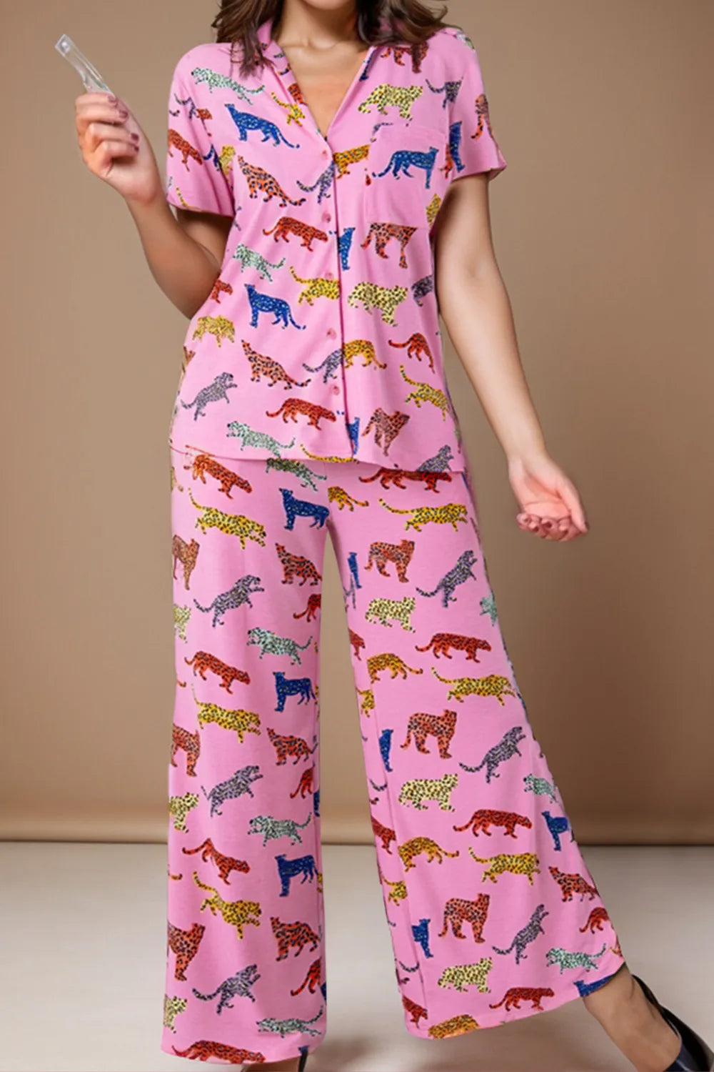 Animal Button Up Top and Pants Lounge Set - Ladyez