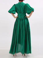 Lace Detail Notched Puff Sleeve Maxi Dress