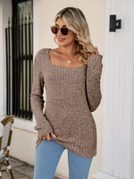 Ribbed Square Neck Long Sleeve T-Shirt