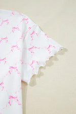 Bow Print Lettuce Trim Round Neck Top and Shorts Lounge Set - Ladyez