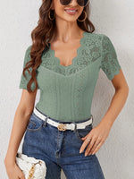 Lace Trim Eyelet Embroidered Summer T-Shirt - Ladyez