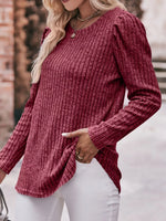 Ribbed Knit Puff Sleeve T-Shirt