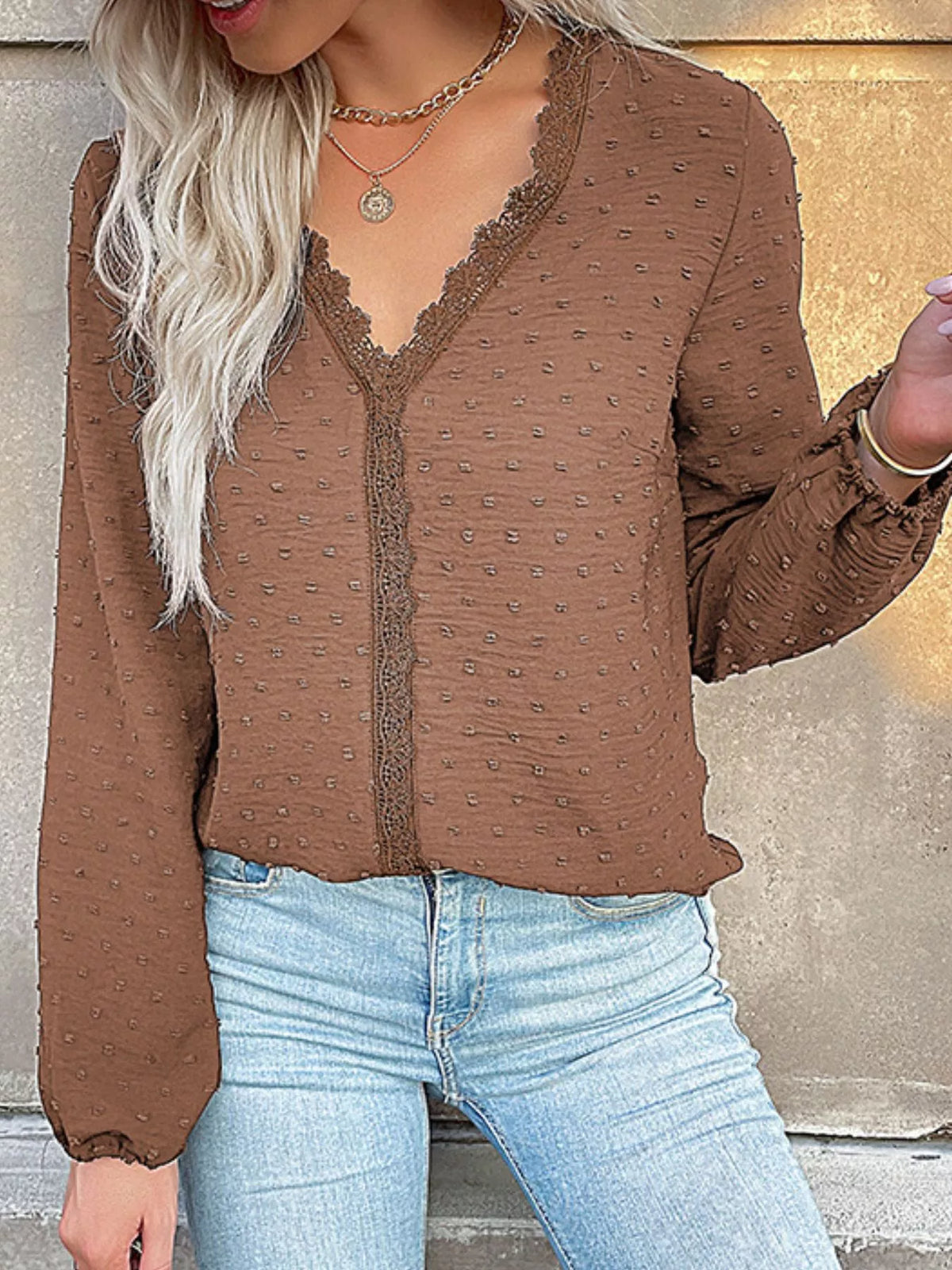 Lace Detail V-Neck Long Sleeve Blouse