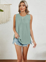 Round Neck Sleeveless Top with Pleated Front Detail - Ladyez