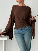 Boat Neck Slit Batwing Sleeve Top