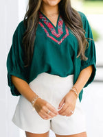 Plaid Trim Half Sleeve Blouse