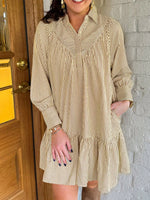 Stripe Collared Neck Cuffed Long Sleeve Drop Waist Mini Dress