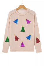 Sequin Christmas Tree Exposed Seam Drop Shoulder Ribbed Long Sleeve Top