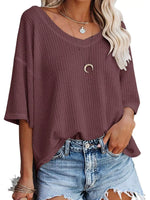 Waffle Knit V-Neck Short Sleeve T-Shirt