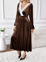 Velvet A-Line Dress with Lace Trim