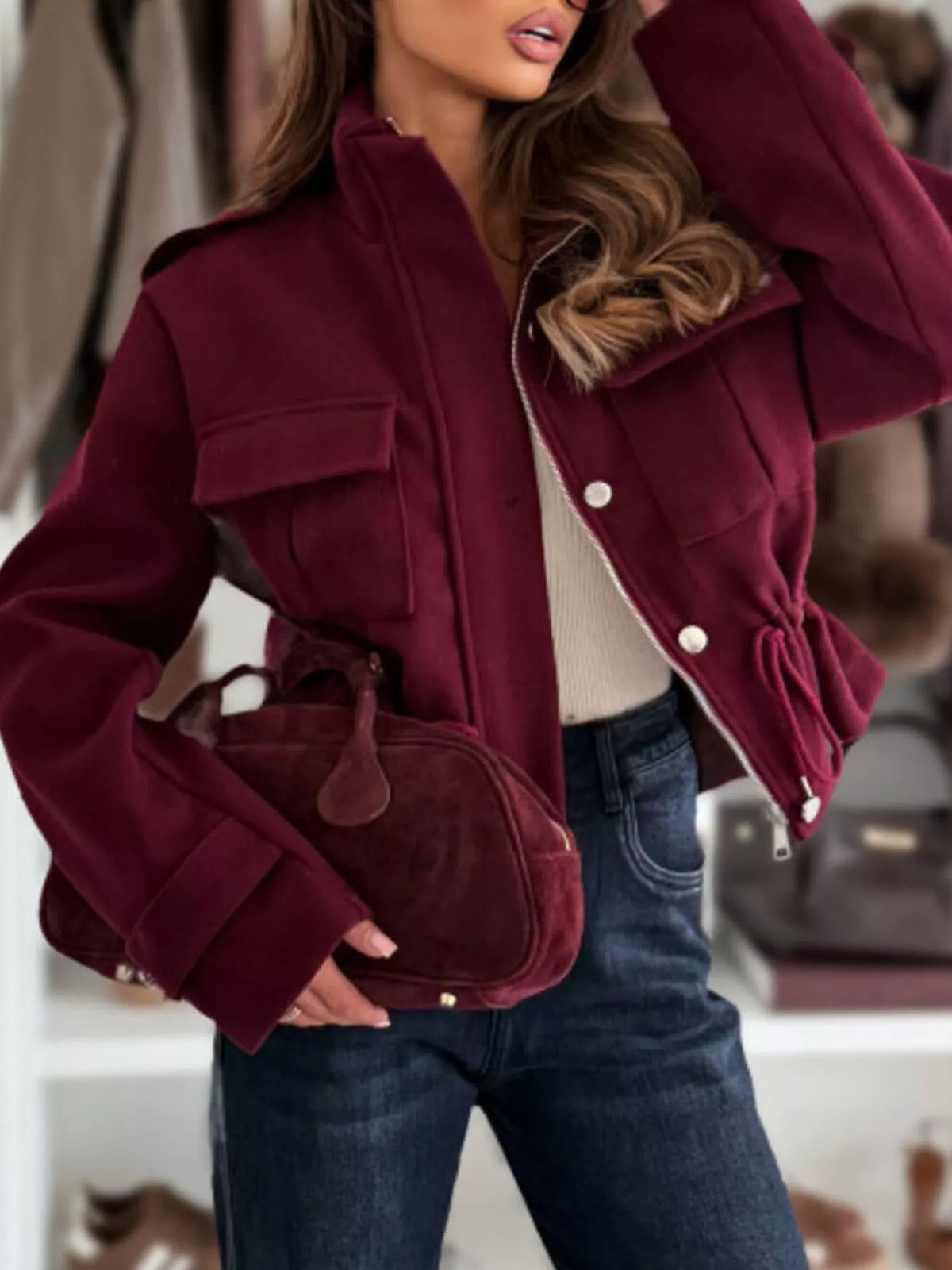 Drawstring Button-Up Casual Jacket