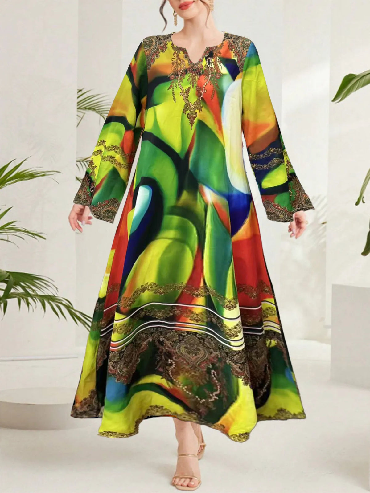 Multi-Color Abstract Print Notched Maxi Dress - Ladyez