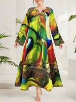 Multi-Color Abstract Print Notched Maxi Dress - Ladyez
