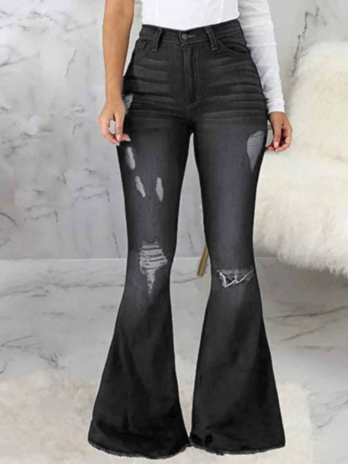 Full Size Distressed Raw Hem Flare Jeans Plus Size - Ladyez
