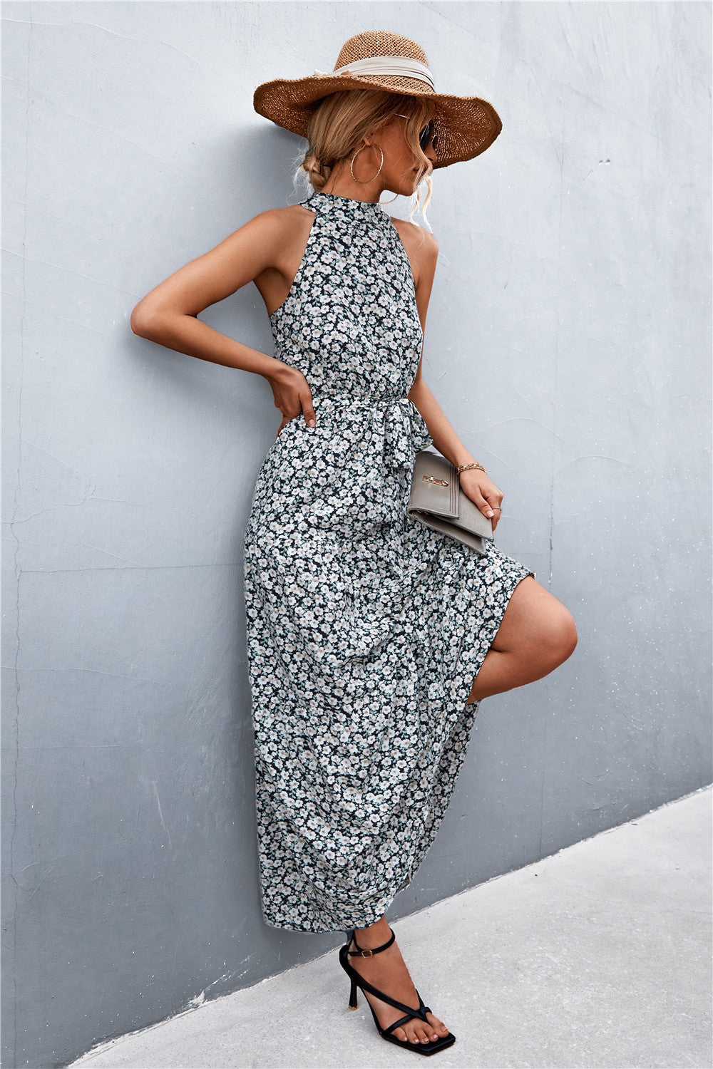 Printed Sleeveless Tie Waist Maxi Dress - Ladyez