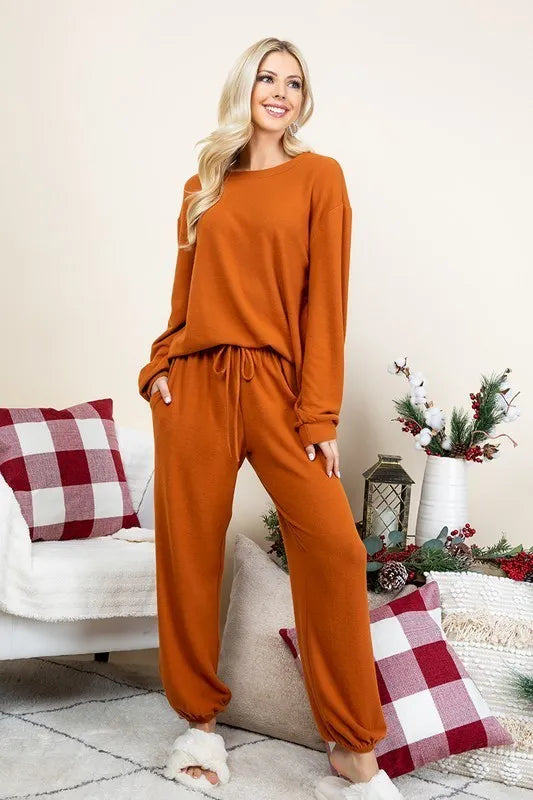Super Lady Full Size Fuzzy Hacci Brush Round Neck Top and Pants Lounge Set - Ladyez