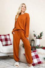 Super Lady Full Size Fuzzy Hacci Brush Round Neck Top and Pants Lounge Set - Ladyez